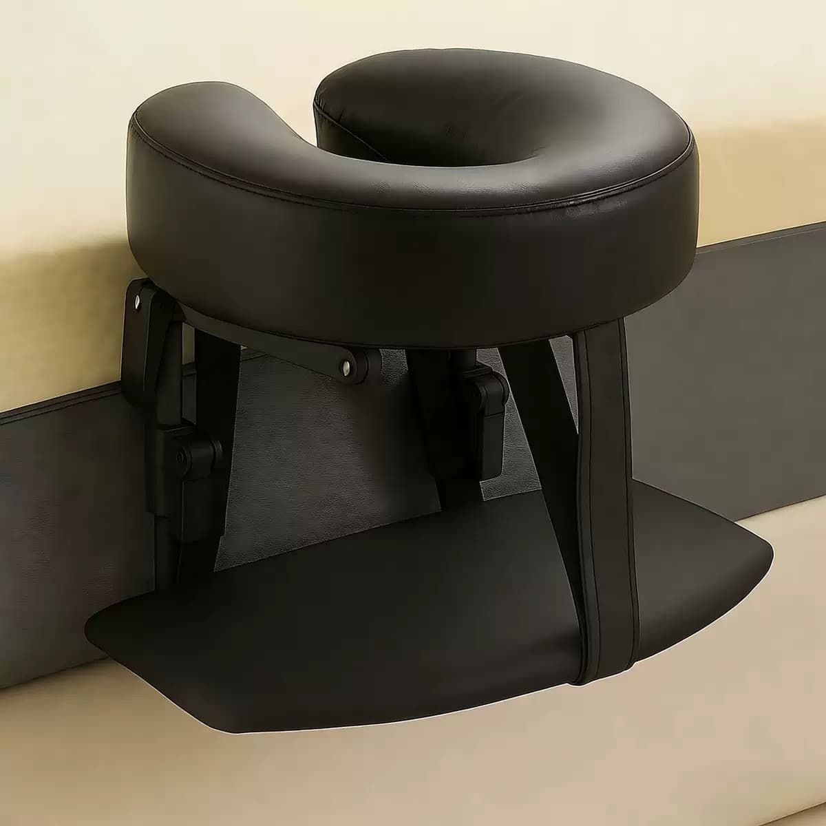 Black leather face cradle with padded armrest tray, locked firmly to the bed edge