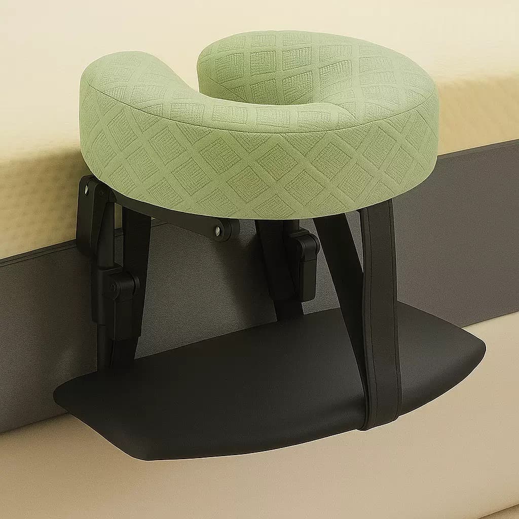 Sage quilted face cradle with padded armrest tray, clamped to the edge of the bed
