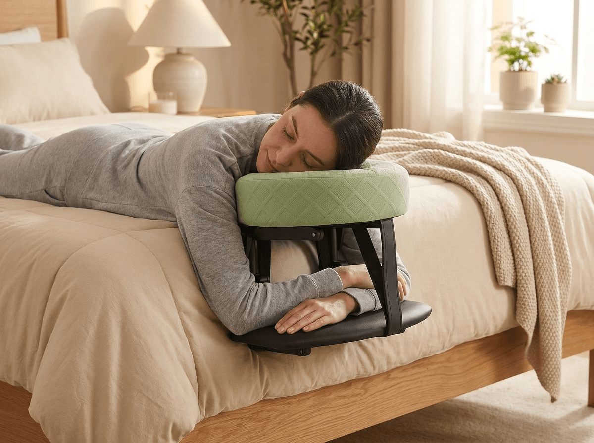 Person resting face-down and relaxed in the padded sage cradle with armrest tray during a home massage night